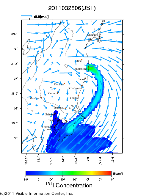 地表付近 大気中濃度分布[Bq/m3]　2011-03-28 06時