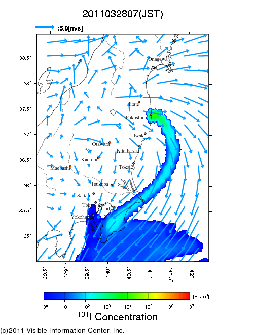 地表付近 大気中濃度分布[Bq/m3]　2011-03-28 07時