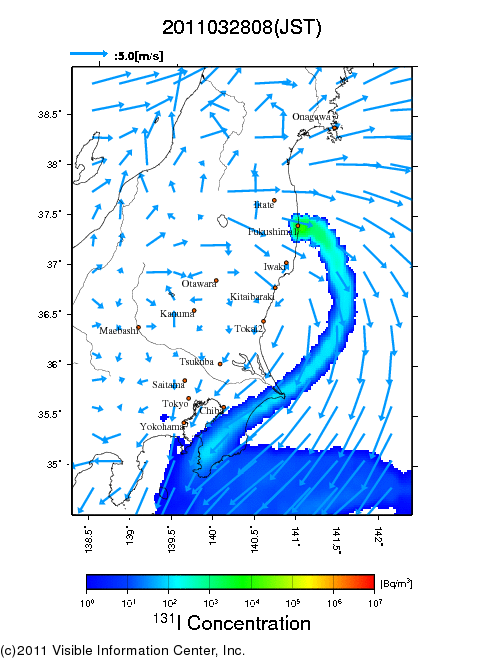 地表付近 大気中濃度分布[Bq/m3]　2011-03-28 08時