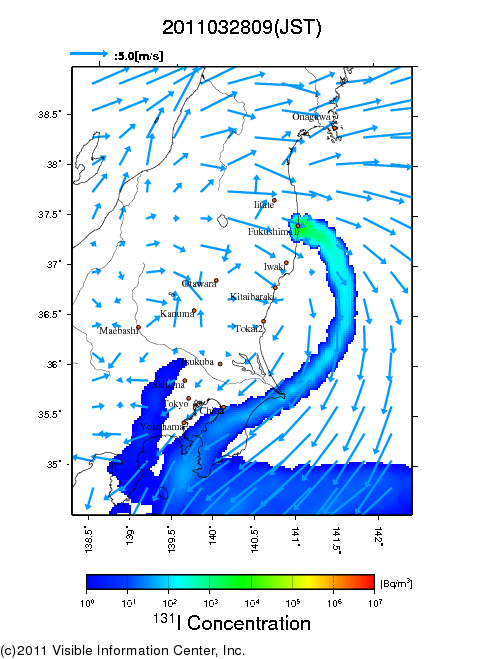 大気中濃度分布[Bq/m3]　2011032809
