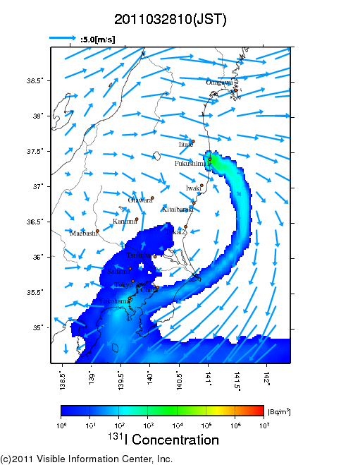 地表付近 大気中濃度分布[Bq/m3]　2011-03-28 10時