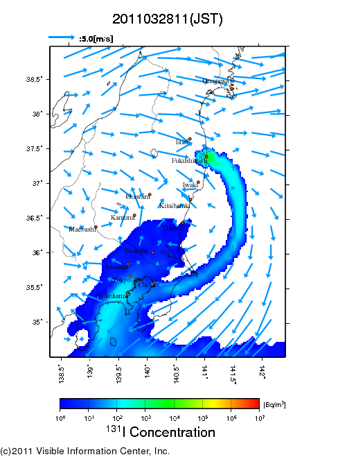 地表付近 大気中濃度分布[Bq/m3]　2011-03-28 11時