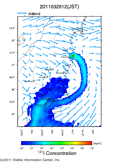 地表付近 大気中濃度分布[Bq/m3]　2011-03-28 12時