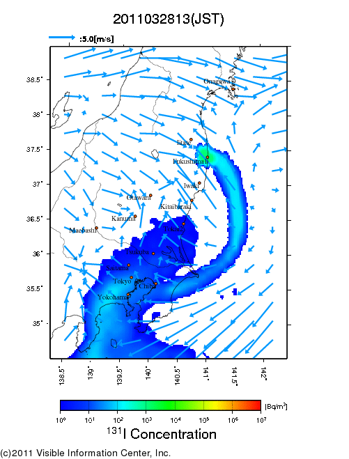 地表付近 大気中濃度分布[Bq/m3]　2011-03-28 13時