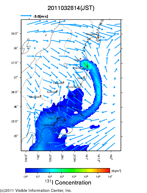 地表付近 大気中濃度分布[Bq/m3]　2011-03-28 14時