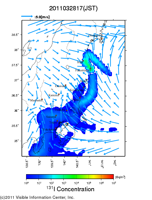 地表付近 大気中濃度分布[Bq/m3]　2011-03-28 17時