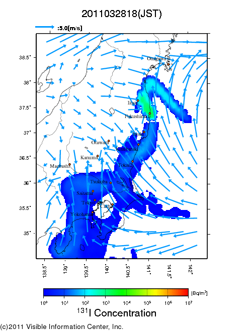 地表付近 大気中濃度分布[Bq/m3]　2011-03-28 18時