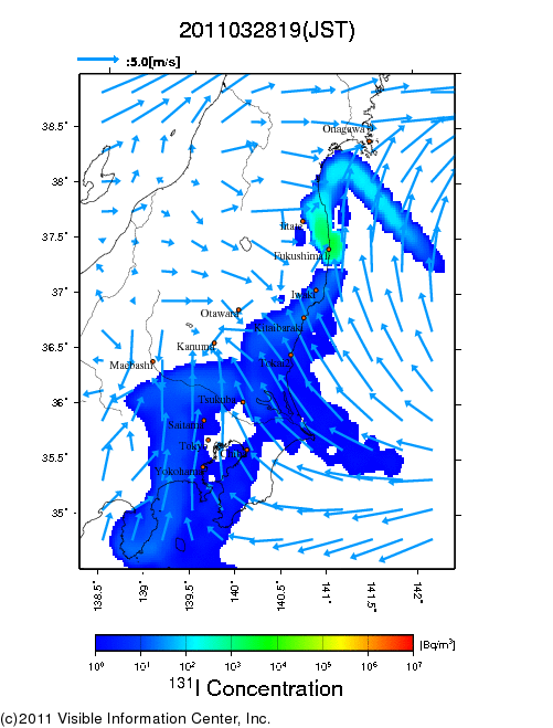 地表付近 大気中濃度分布[Bq/m3]　2011-03-28 19時