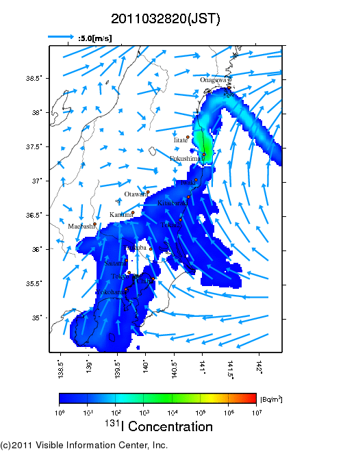 Ground level air concentration [Bq/m3] 2011-03-28 20