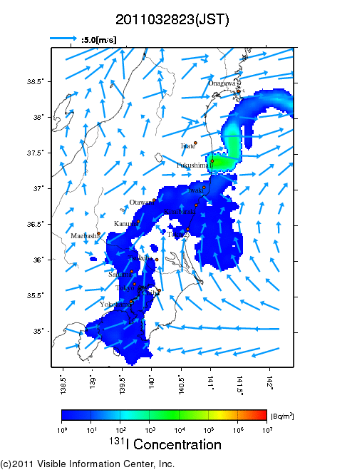 地表付近 大気中濃度分布[Bq/m3]　2011-03-28 23時