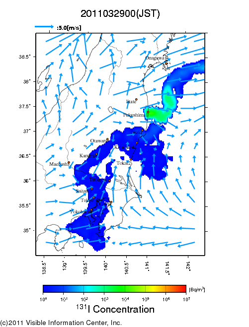 地表付近 大気中濃度分布[Bq/m3]　2011-03-29 00時