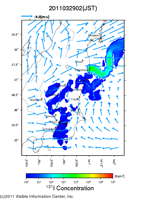 地表付近 大気中濃度分布[Bq/m3]　2011-03-29 02時