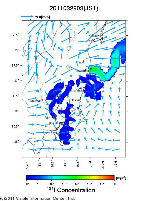 地表付近 大気中濃度分布[Bq/m3]　2011-03-29 03時