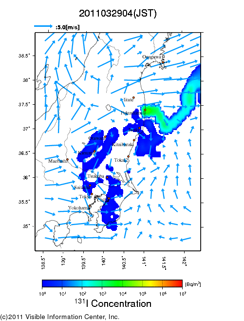 大気中濃度分布[Bq/m3]　2011032904