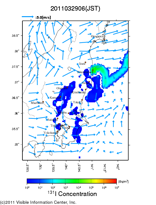 地表付近 大気中濃度分布[Bq/m3]　2011-03-29 06時