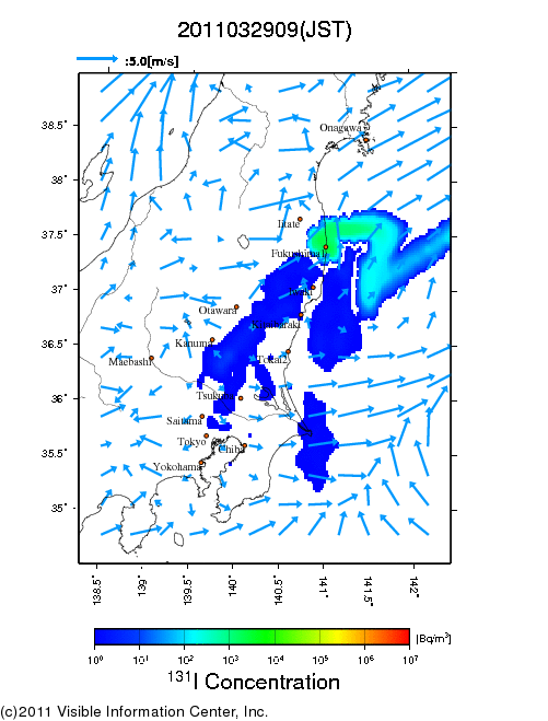 地表付近 大気中濃度分布[Bq/m3]　2011-03-29 09時