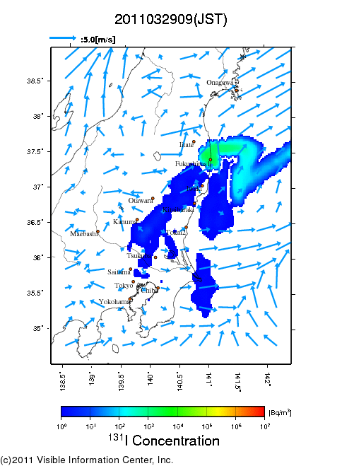 大気中濃度分布[Bq/m3]　2011032909