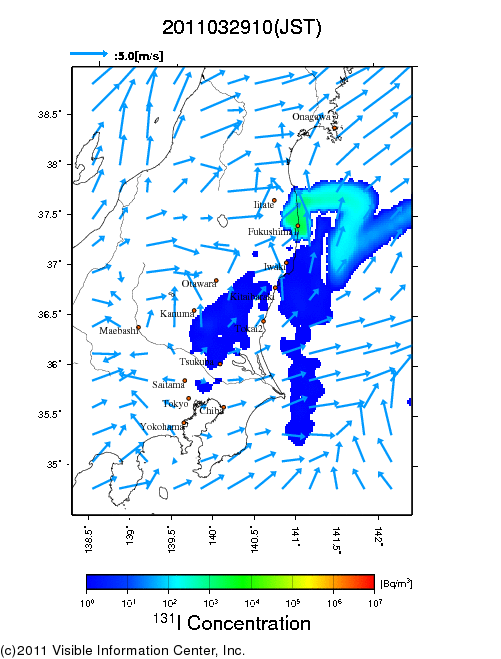 地表付近 大気中濃度分布[Bq/m3]　2011-03-29 10時