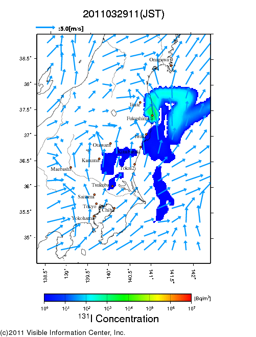 地表付近 大気中濃度分布[Bq/m3]　2011-03-29 11時