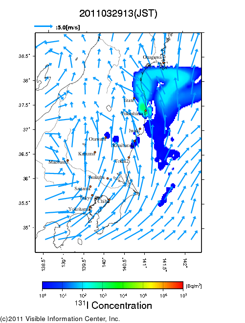 地表付近 大気中濃度分布[Bq/m3]　2011-03-29 13時