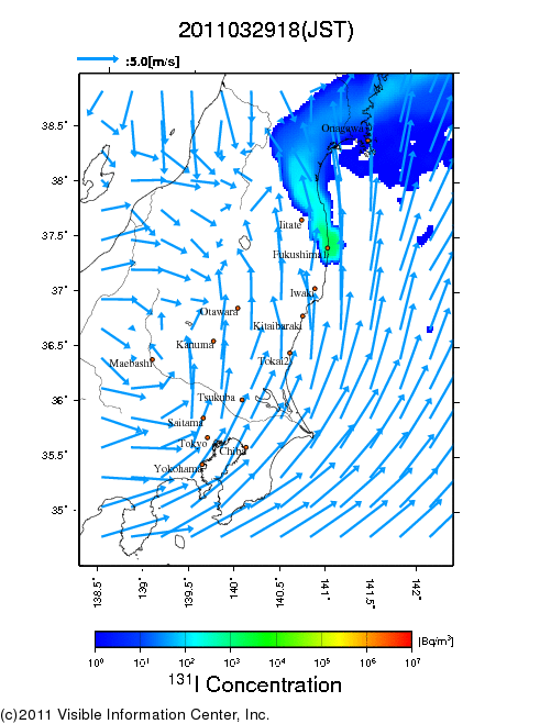 地表付近 大気中濃度分布[Bq/m3]　2011-03-29 18時