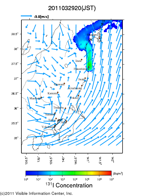 大気中濃度分布[Bq/m3]　2011032920