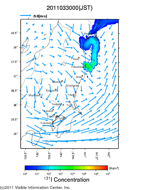 地表付近 大気中濃度分布[Bq/m3]　2011-03-30 00時