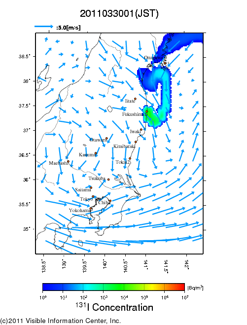 大気中濃度分布[Bq/m3]　2011033001