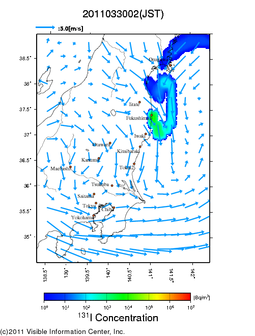 地表付近 大気中濃度分布[Bq/m3]　2011-03-30 02時