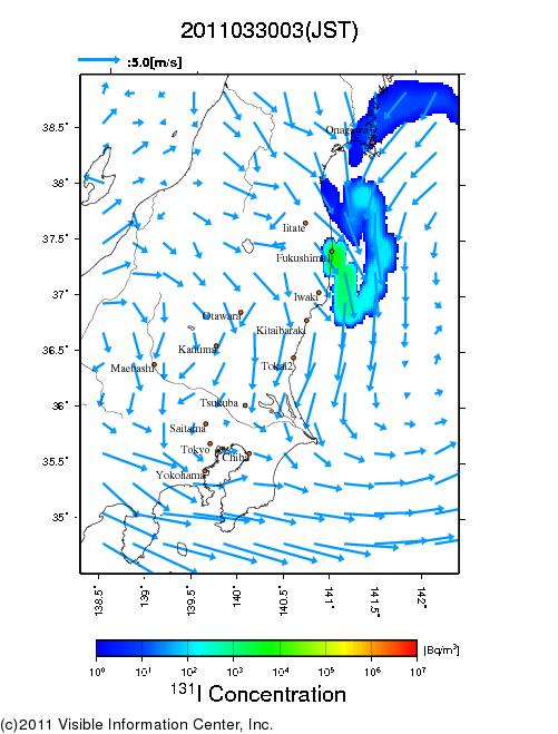 地表付近 大気中濃度分布[Bq/m3]　2011-03-30 03時