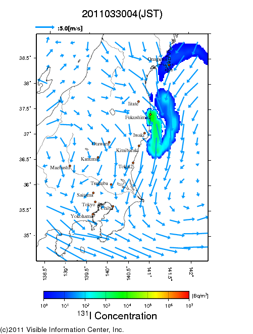 地表付近 大気中濃度分布[Bq/m3]　2011-03-30 04時