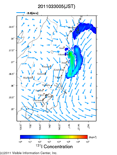 地表付近 大気中濃度分布[Bq/m3]　2011-03-30 05時