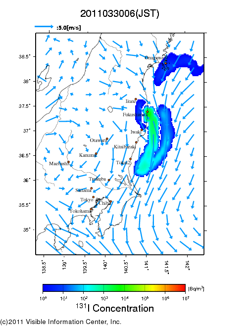 地表付近 大気中濃度分布[Bq/m3]　2011-03-30 06時