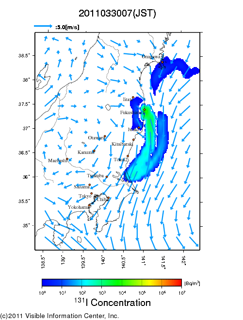 地表付近 大気中濃度分布[Bq/m3]　2011-03-30 07時