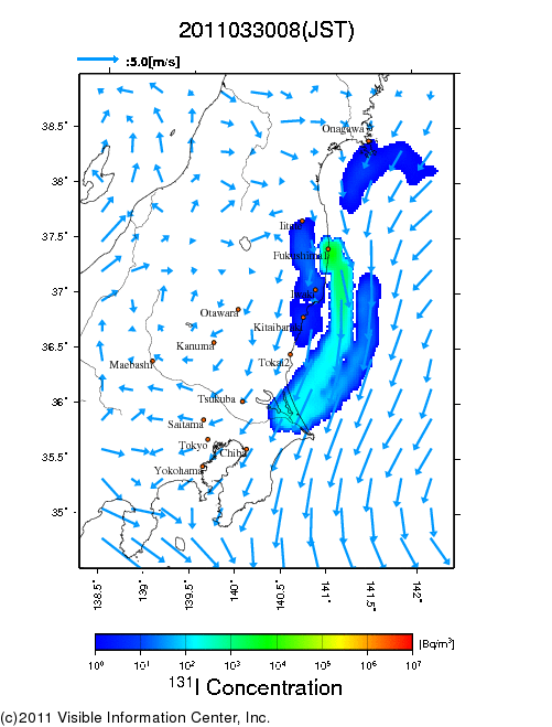 地表付近 大気中濃度分布[Bq/m3]　2011-03-30 08時