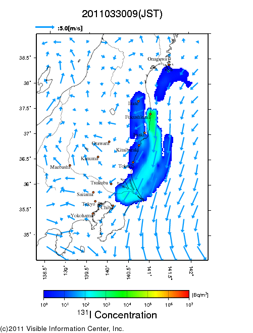 地表付近 大気中濃度分布[Bq/m3]　2011-03-30 09時