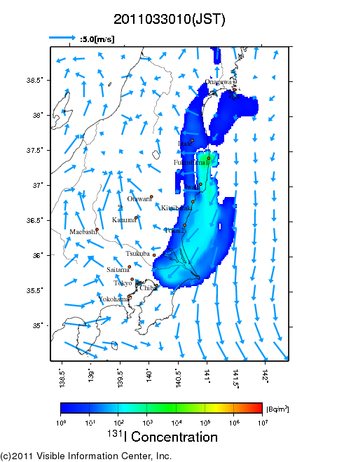 地表付近 大気中濃度分布[Bq/m3]　2011-03-30 10時