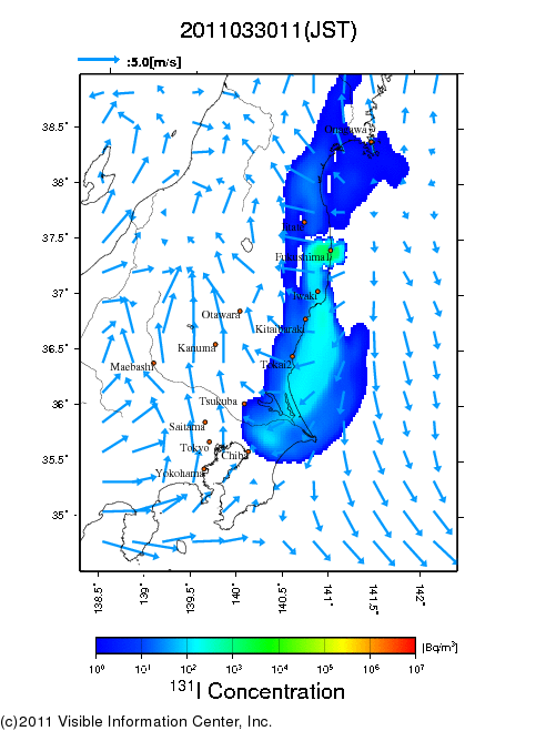 地表付近 大気中濃度分布[Bq/m3]　2011-03-30 11時