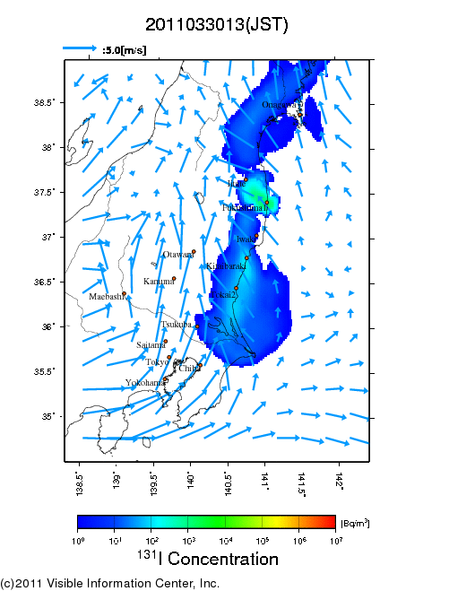 地表付近 大気中濃度分布[Bq/m3]　2011-03-30 13時
