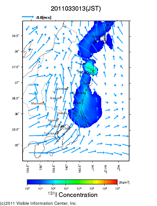 Ground level air concentration [Bq/m3] 2011-03-30 13