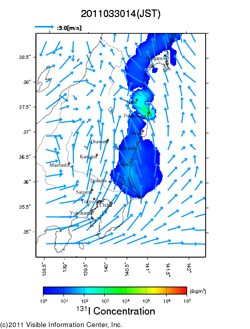 Ground level air concentration [Bq/m3] 2011-03-30 14