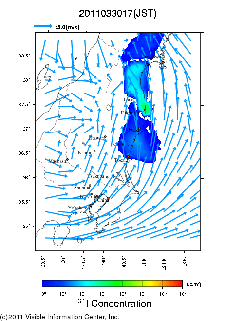 地表付近 大気中濃度分布[Bq/m3]　2011-03-30 17時