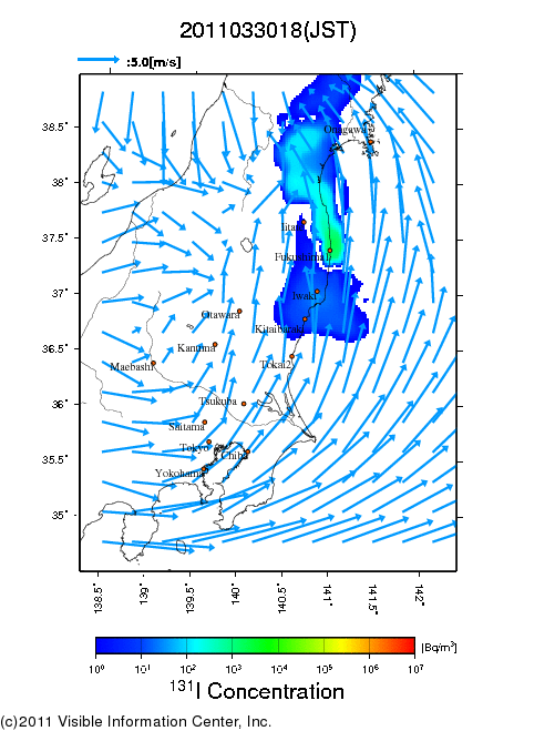 大気中濃度分布[Bq/m3]　2011033018