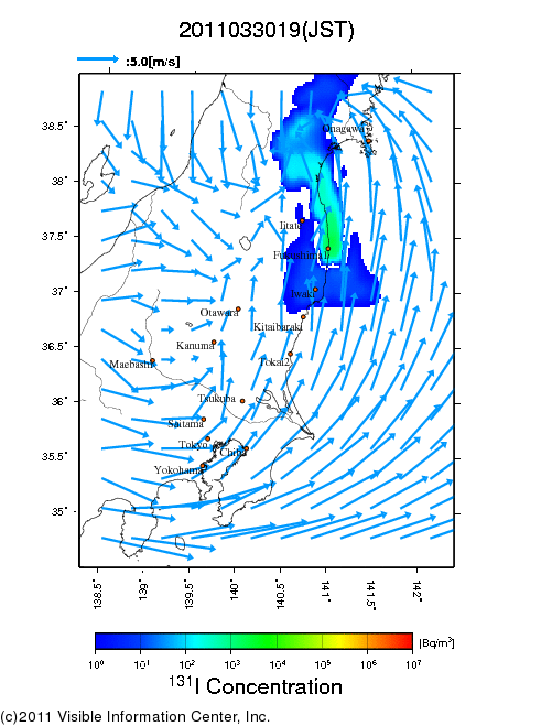 地表付近 大気中濃度分布[Bq/m3]　2011-03-30 19時