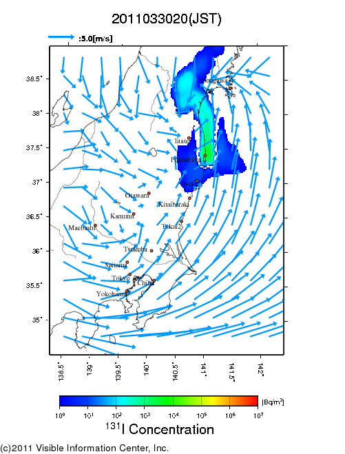 大気中濃度分布[Bq/m3]　2011033020