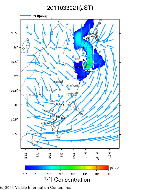 地表付近 大気中濃度分布[Bq/m3]　2011-03-30 21時