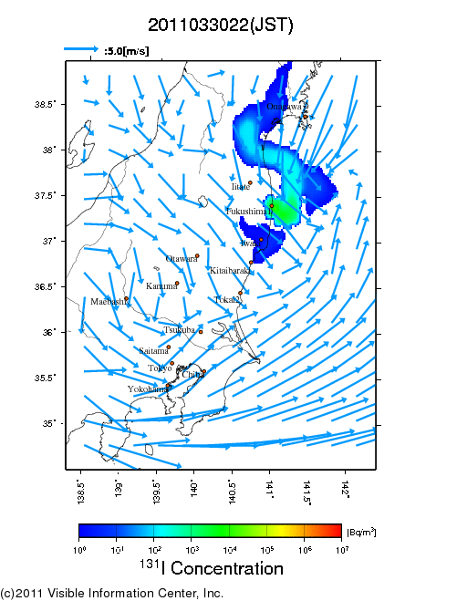 大気中濃度分布[Bq/m3]　2011033022