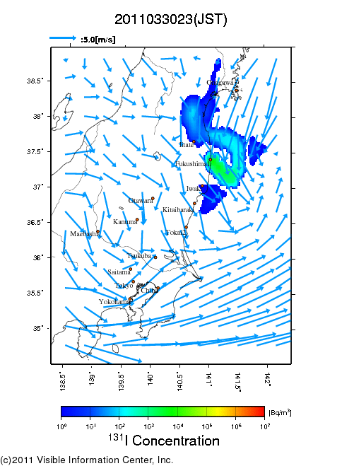 大気中濃度分布[Bq/m3]　2011033023