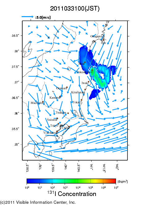 地表付近 大気中濃度分布[Bq/m3]　2011-03-31 00時