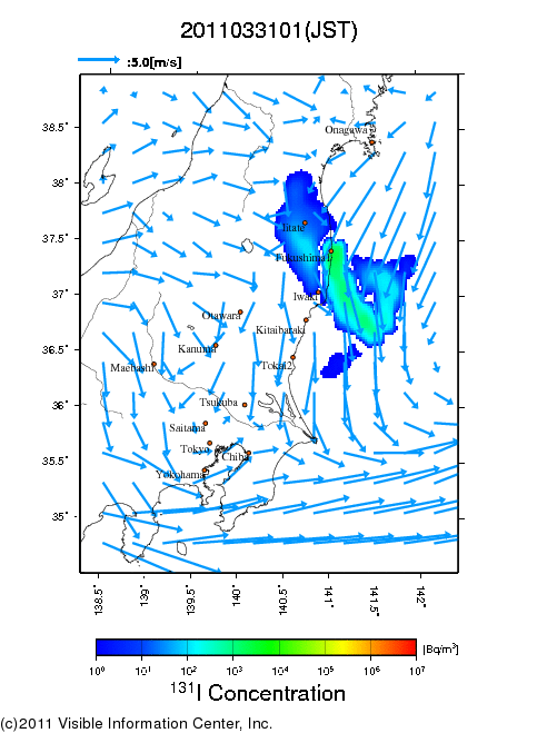 地表付近 大気中濃度分布[Bq/m3]　2011-03-31 01時